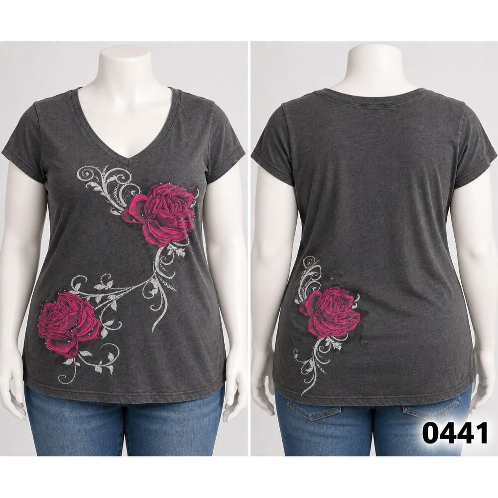 Y2K Love To Love Pink Rose Graphic Tee V-Neck Rhinestone Bling Gray 2X - 0441